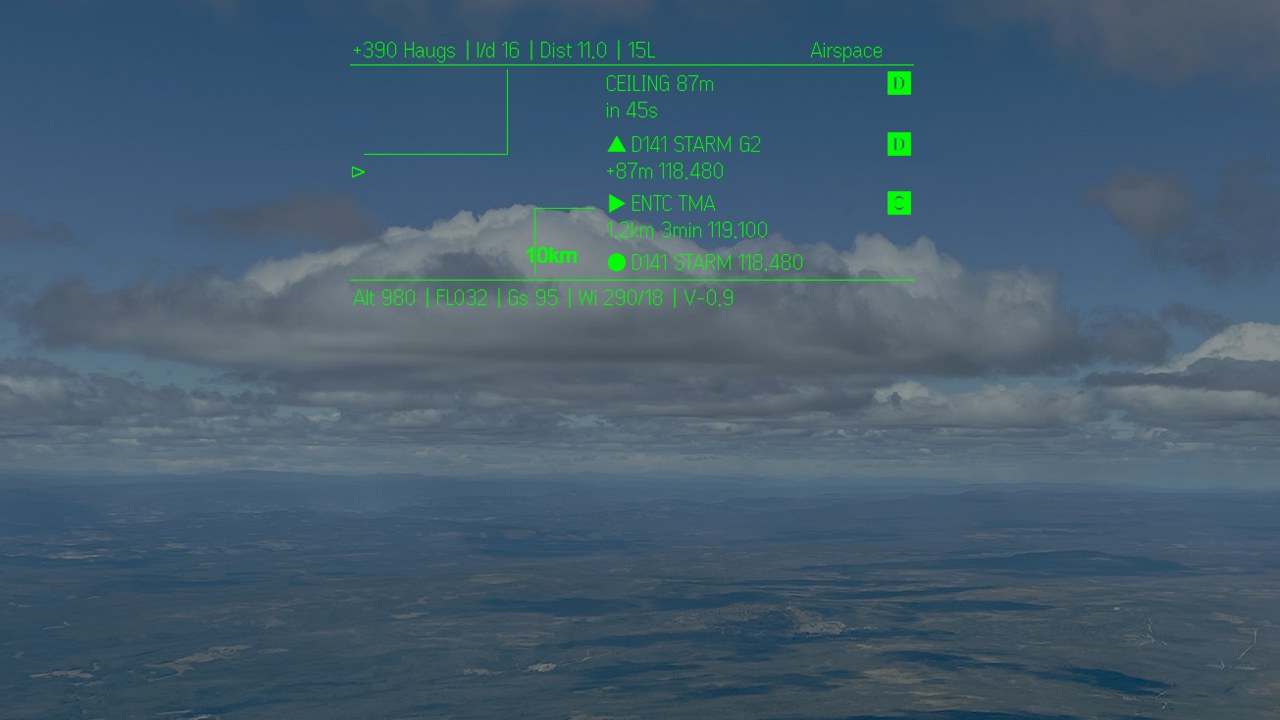 The GlideGlass head-up display over the clouds: arrival height at the field ahead, airspace warnings and altitude, as seen through Even G2 glasses.