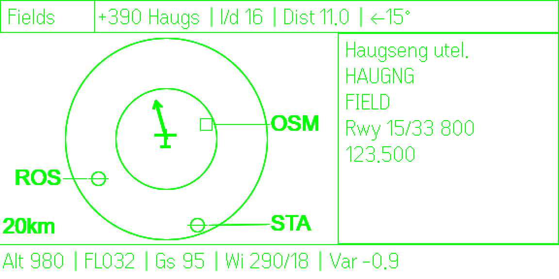 The GlideGlass fields screen: the fields near you on a radar, with the runway of the one you fly to.