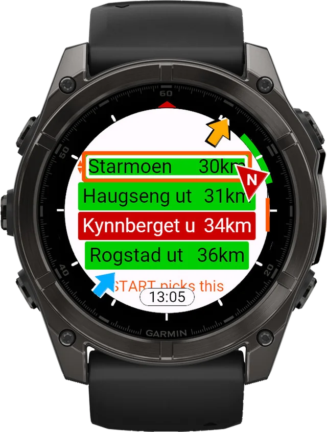 A Garmin watch listing landing fields, the nearest in green with the glide ratio it needs.