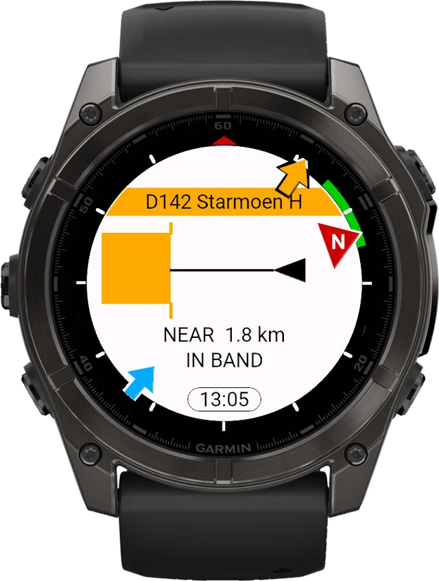 A Garmin watch warning of airspace ahead, with the distance and the height below it.