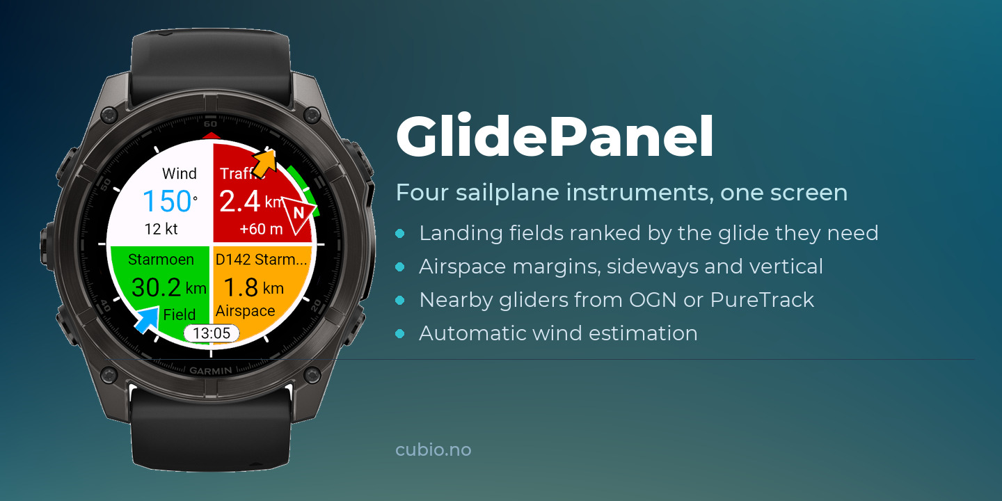 GlidePanel on a Garmin watch: wind, traffic, the nearest field and airspace on one screen.